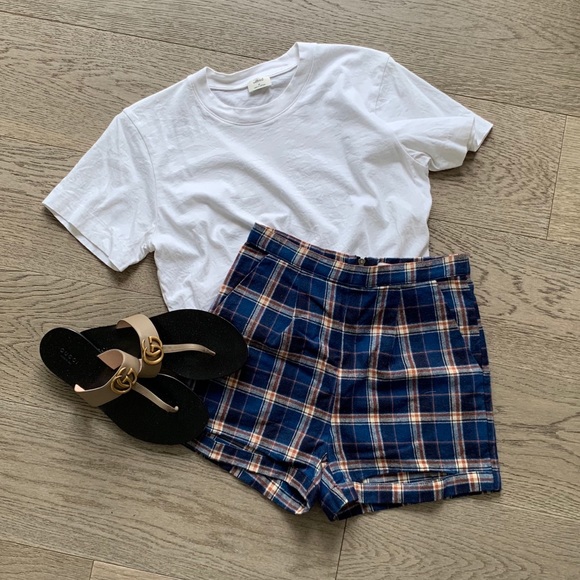 High Waisted Blue Plaid Shorts - Picture 1 of 5